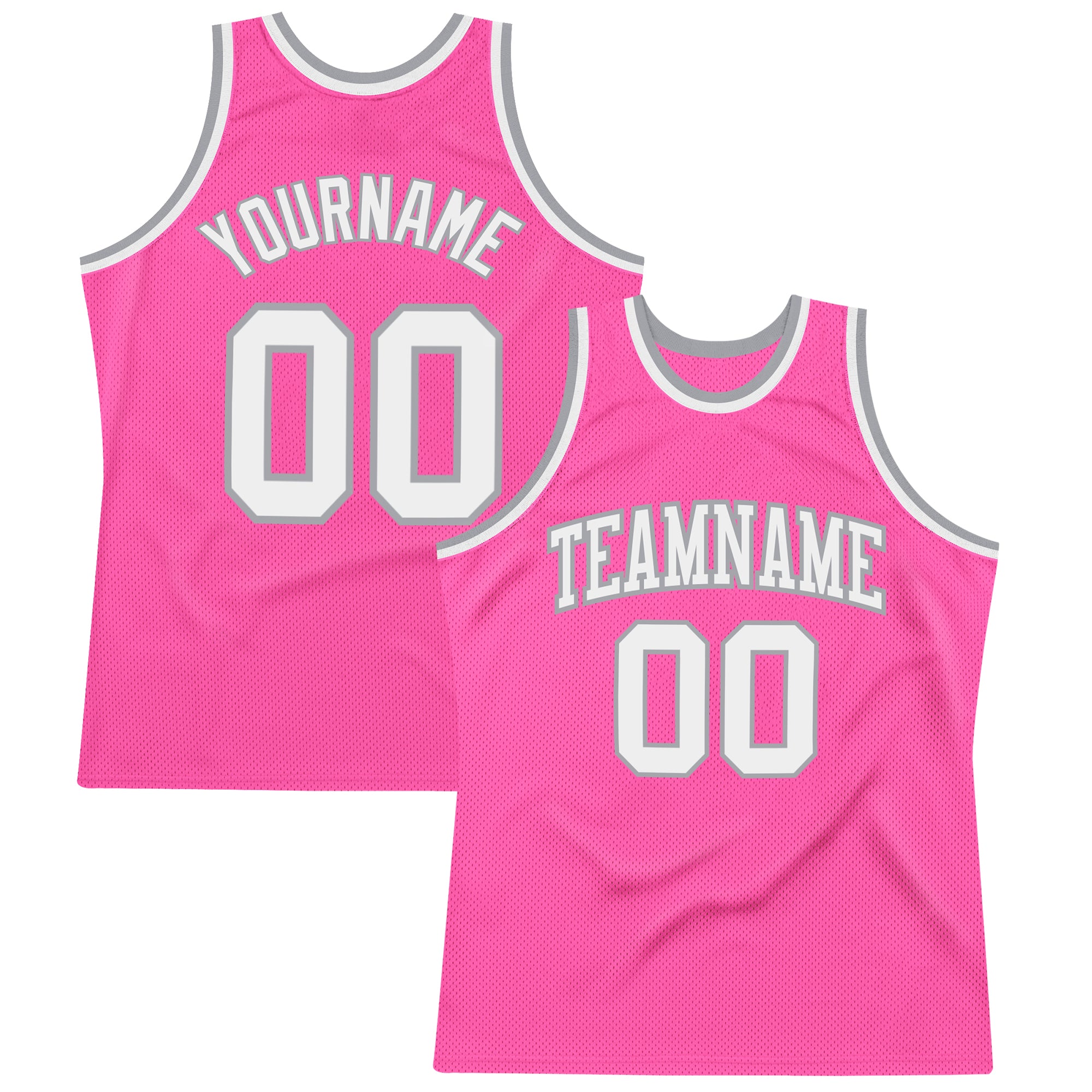 Custom Pink White-Silver Gray Authentic Throwback Basketball Jersey