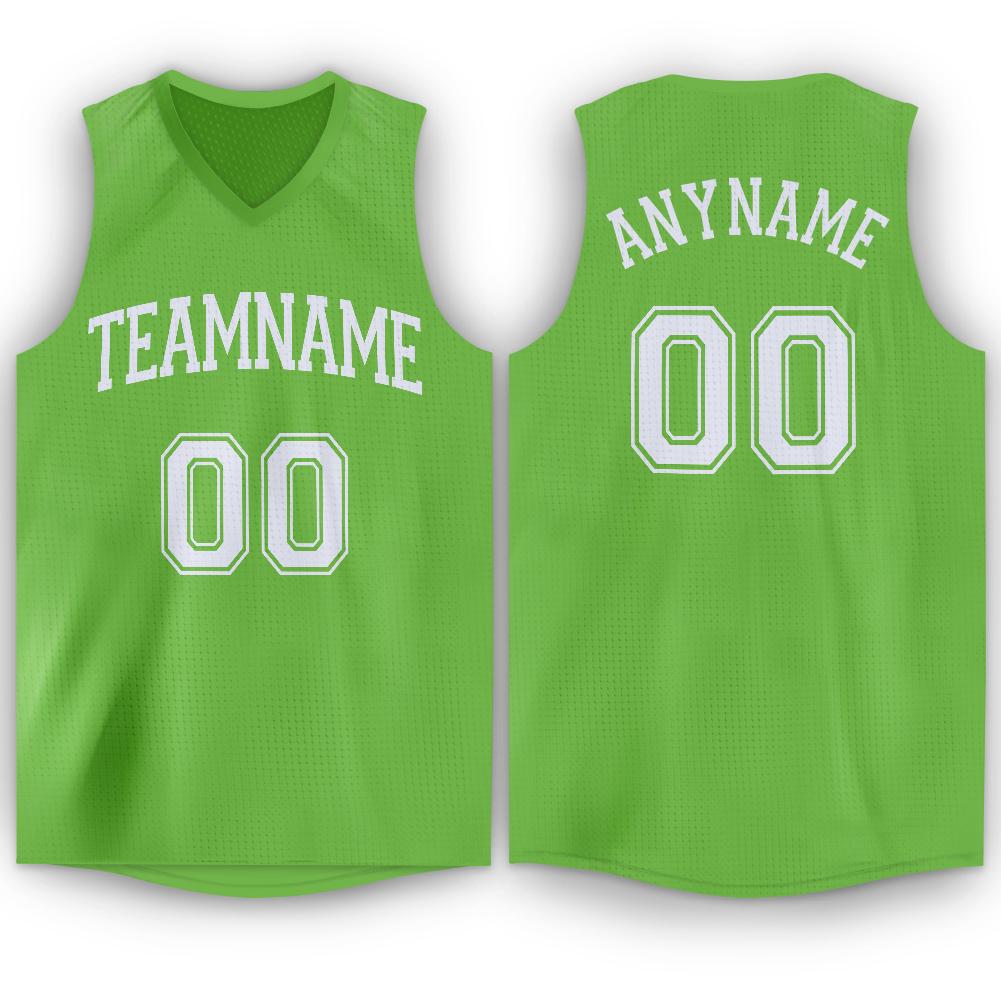 Custom Neon Green White V-Neck Basketball Jersey