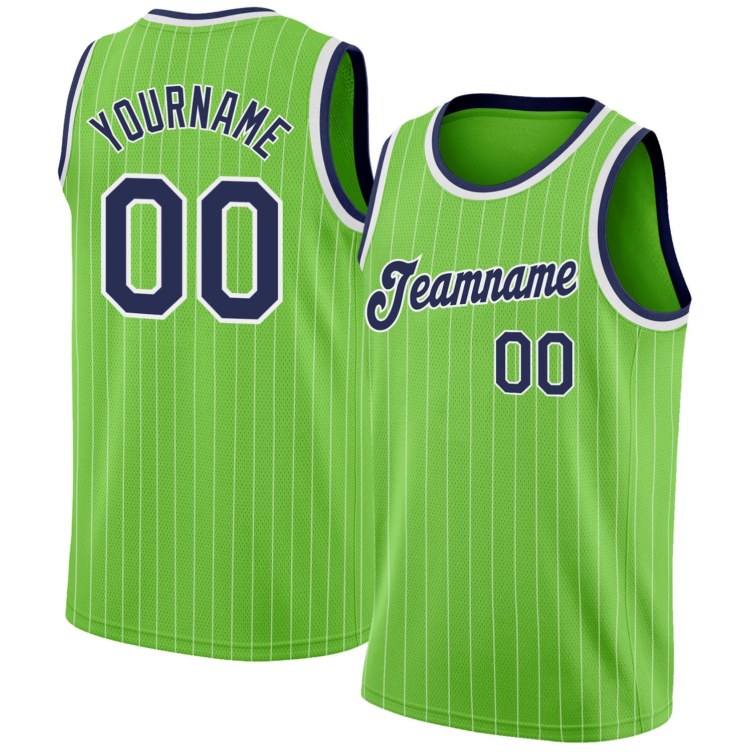 Custom Neon Green White Pinstripe Navy-White Authentic Throwback Basketball Jersey