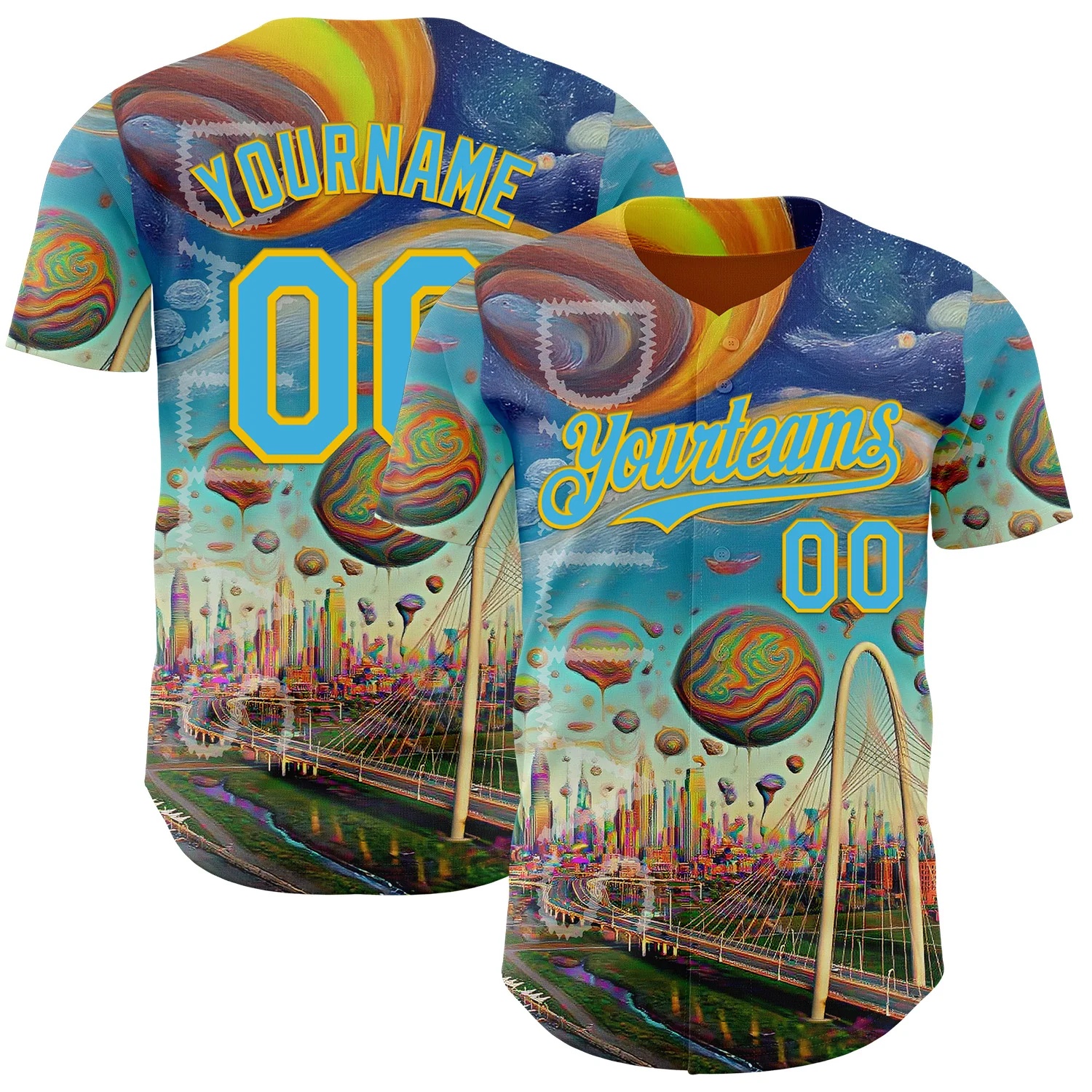 Custom Blue Sky Blue-Yellow Dallas Texas Cityscape Skyline City Symbol Authentic Baseball Jersey