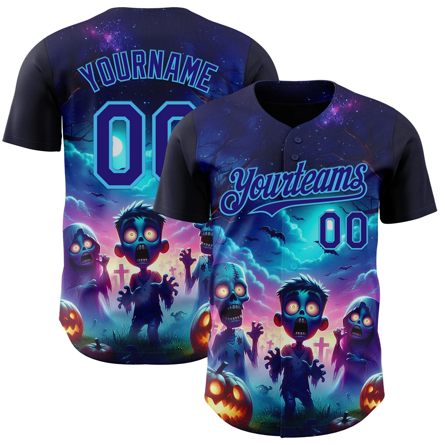 Custom Blue Dark Purple Black-Sky Blue 3D Halloween Spooky Pumpkin Zombies Authentic Baseball Jersey