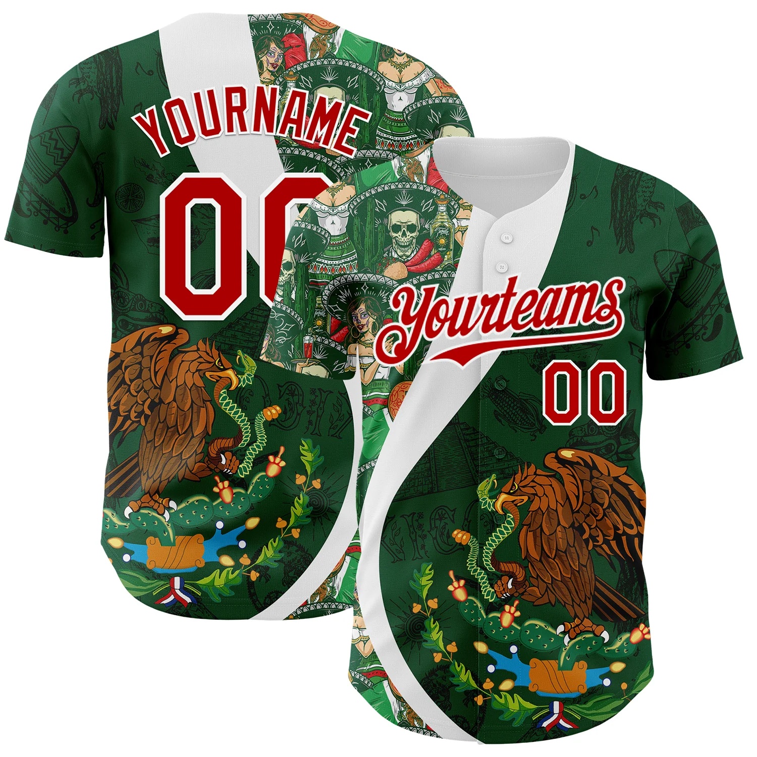 Custom Green Red Kelly Green-White 3D Mexico Authentic Baseball Jersey