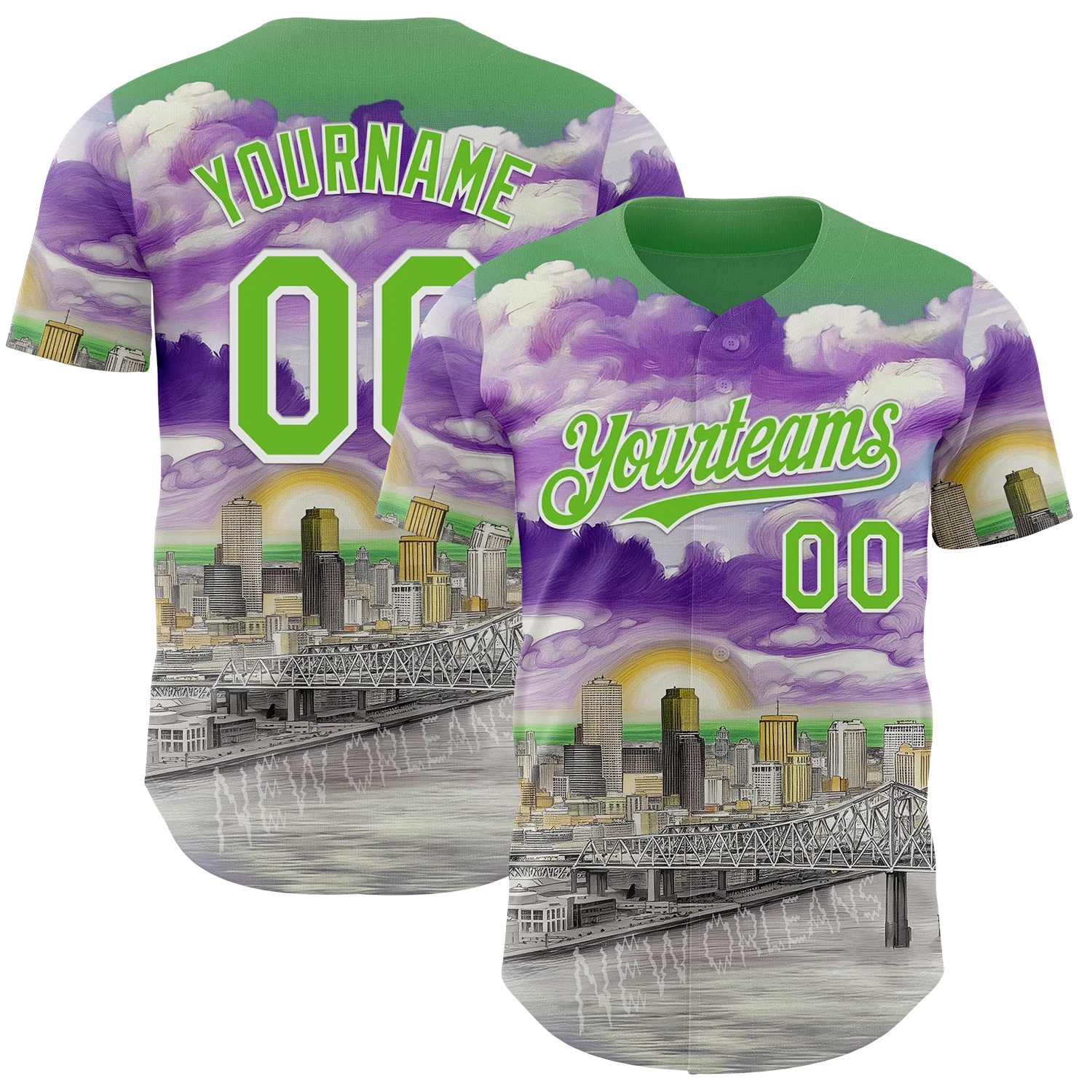 Custom Green Aurora Green Purple Gray-White New Orleans Louisiana Cityscape Landmark City Symbol Authentic Baseball Jersey
