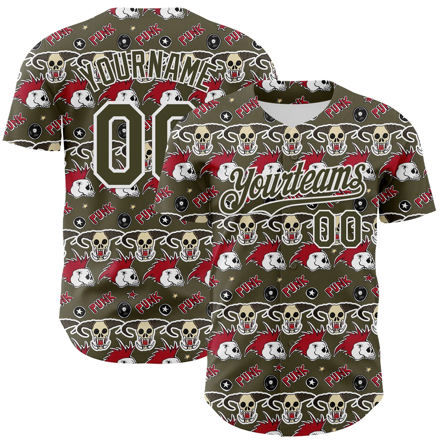 Custom Olive White 3D Punk Rock Skull Authentic Baseball Jersey