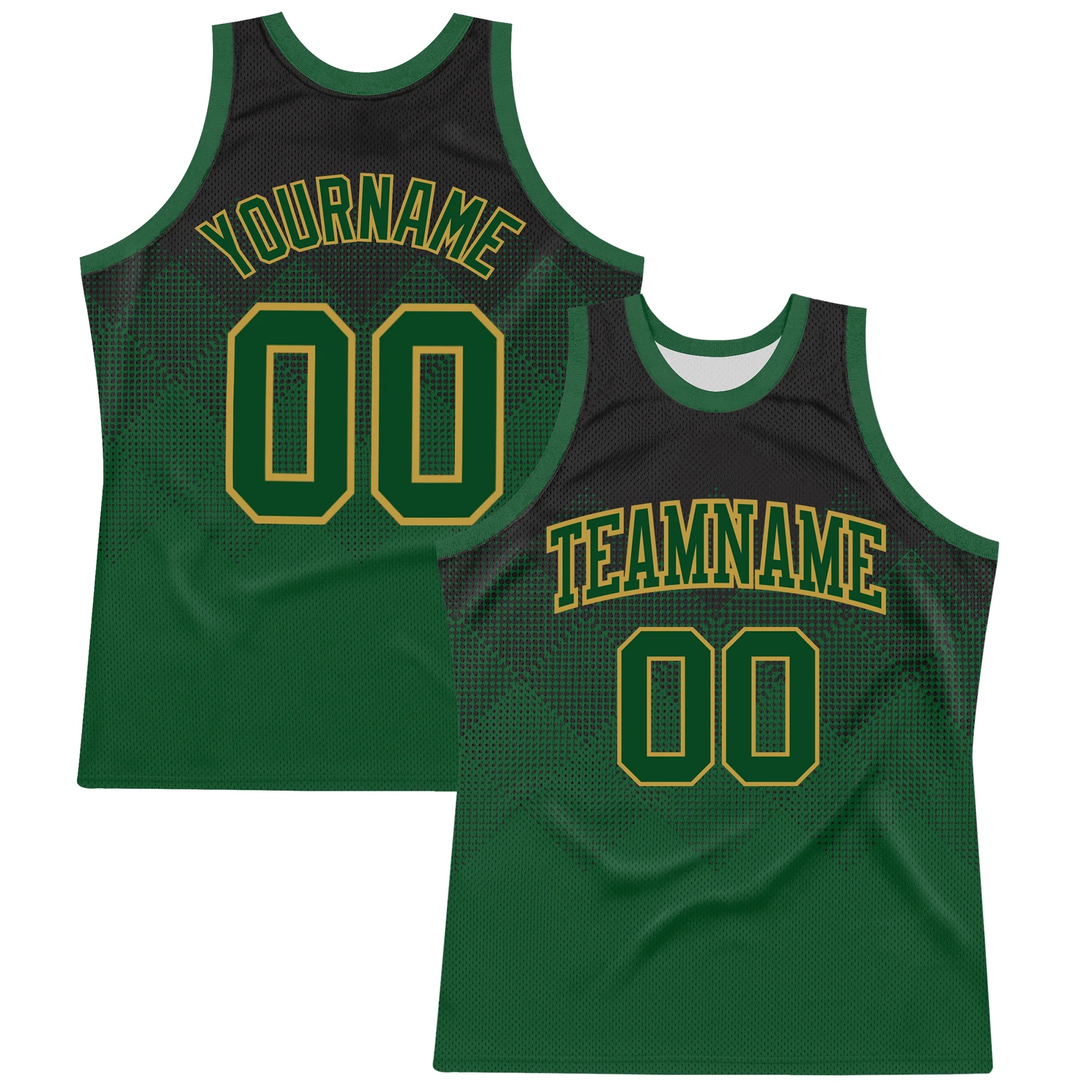Custom Black Green-Old Gold Fade Fashion Round Neck Sublimation Basketball Suit Jersey