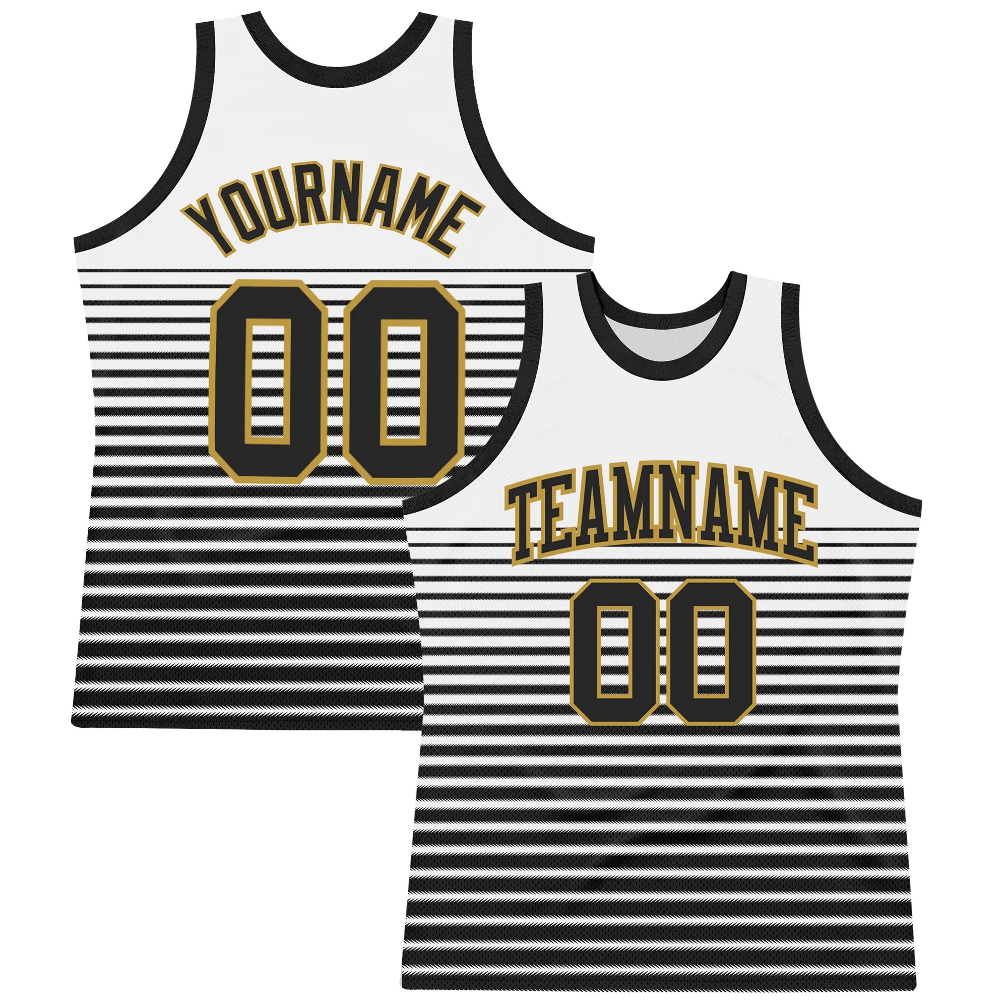 Custom White Black-Old Gold Pinstripe Fade Fashion Round Neck Sublimation Basketball Suit Jersey