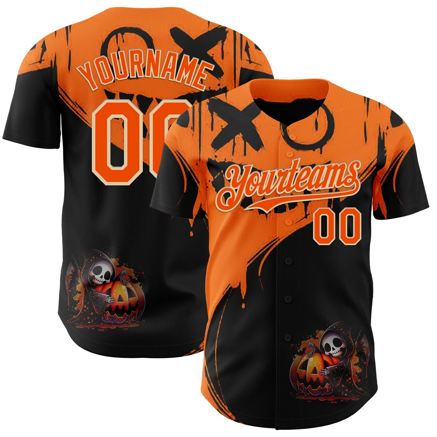 Custom Orange Black-City Cream 3D Halloween Spooky Pumpkin Graffiti Authentic Baseball Jersey