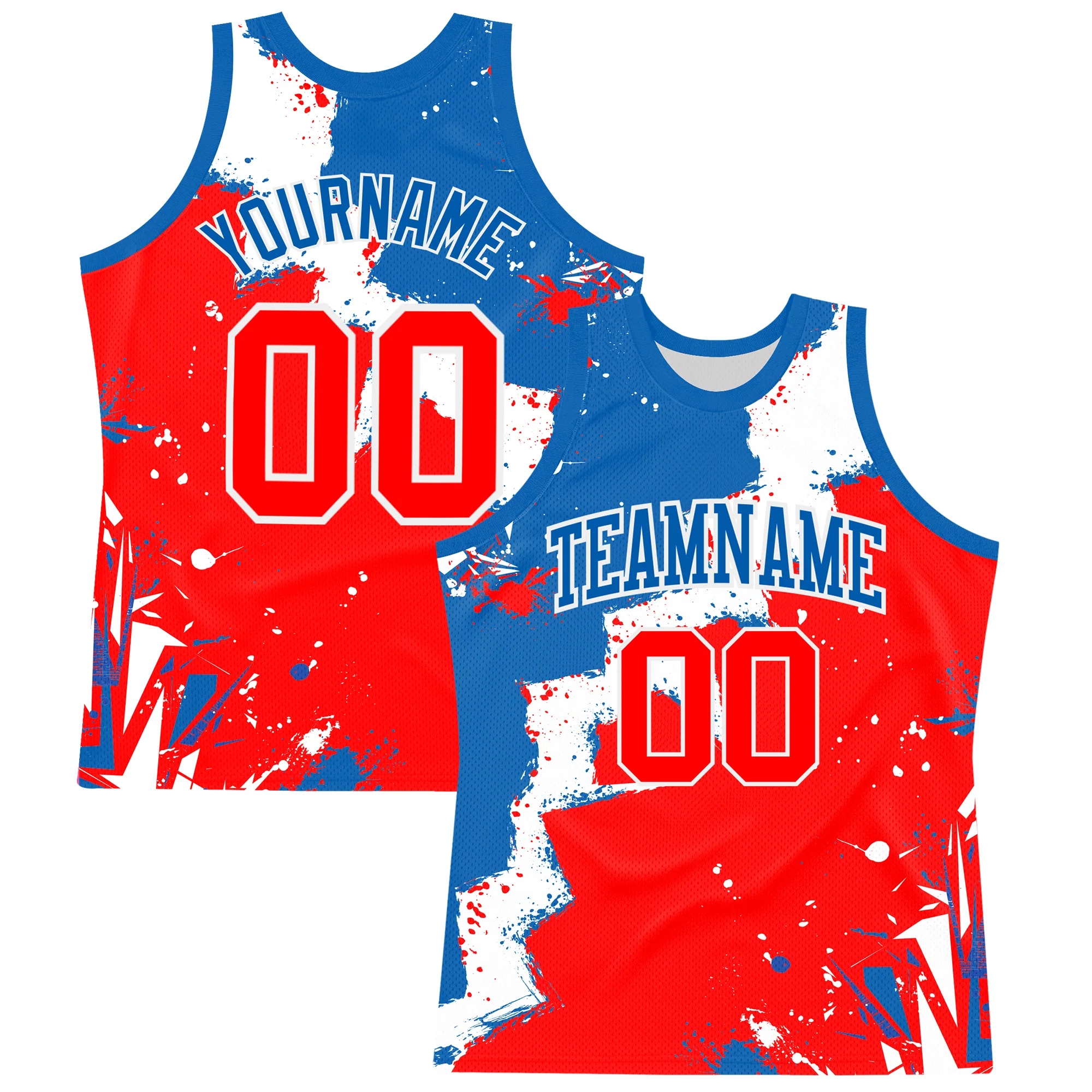 Custom Royal Red-White Splash Round Neck Sublimation Basketball Suit Jersey