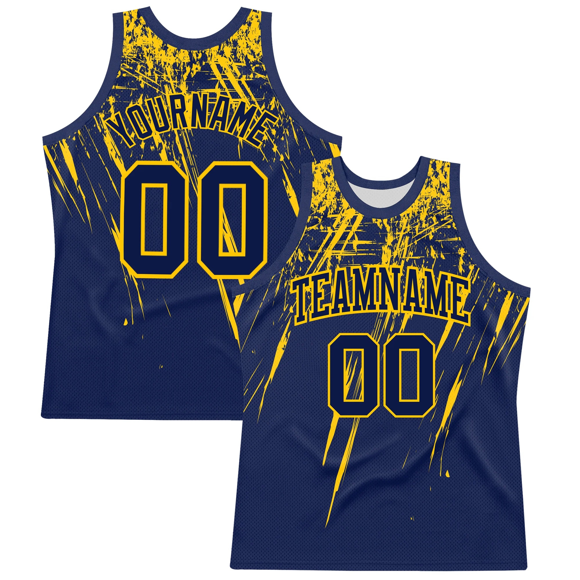 Custom Navy Yellow Splash Round Neck Sublimation Basketball Suit Jersey