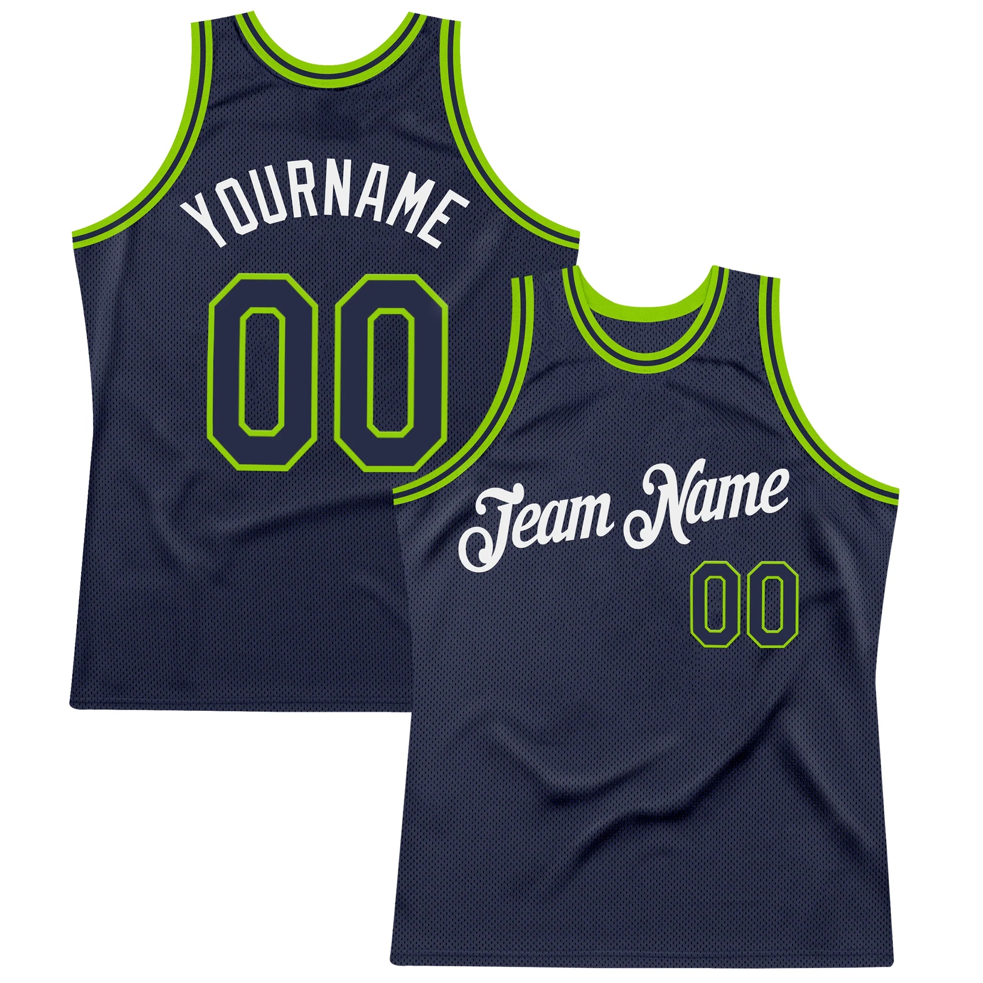 Custom Navy Neon Green-White Authentic Throwback Basketball Jersey