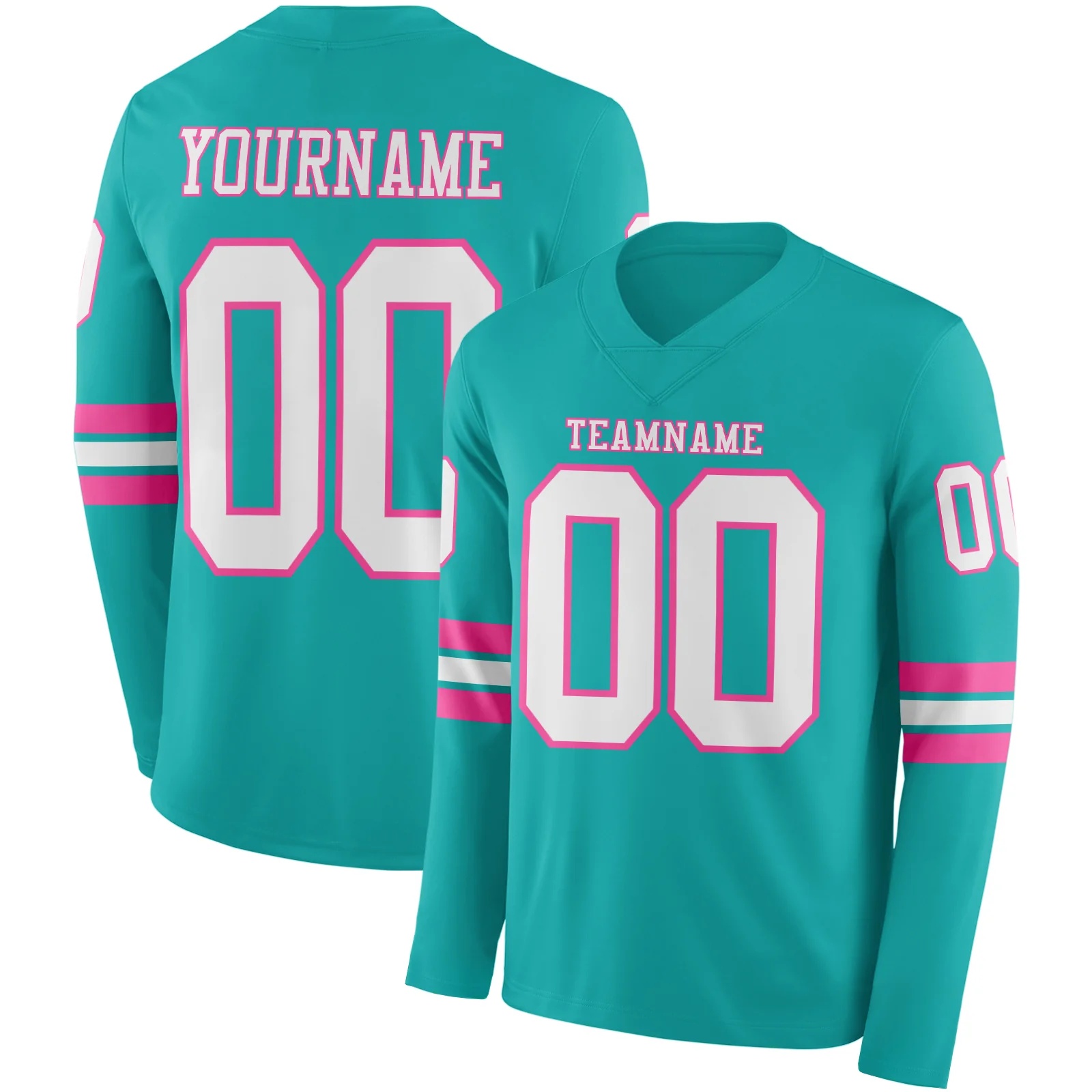 Custom Aqua White-Pink Long Sleeve Authentic Football Jersey