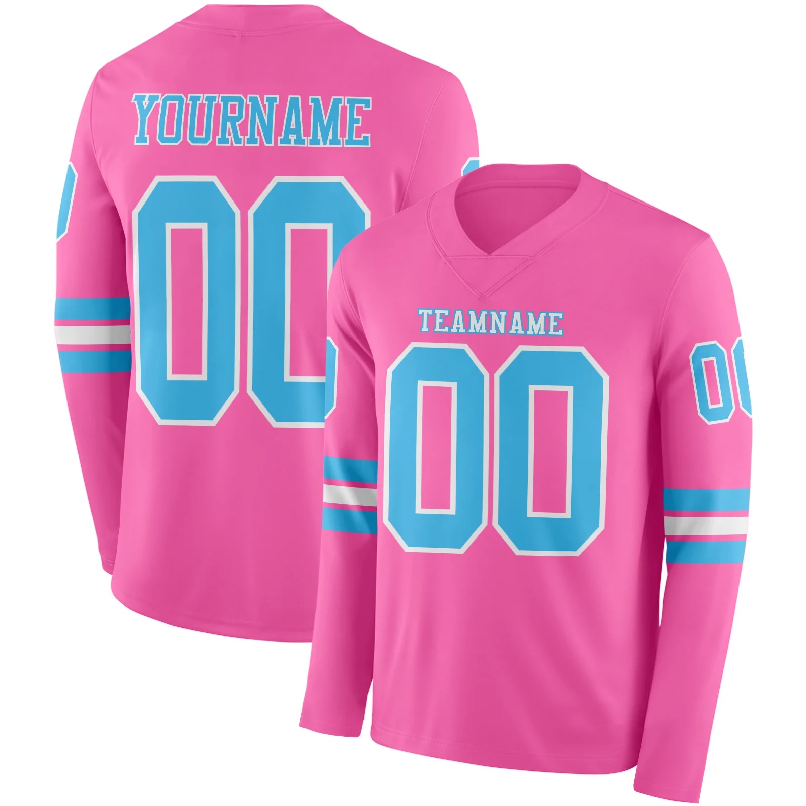 Custom Pink Sky Blue-White Long Sleeve Authentic Football Jersey