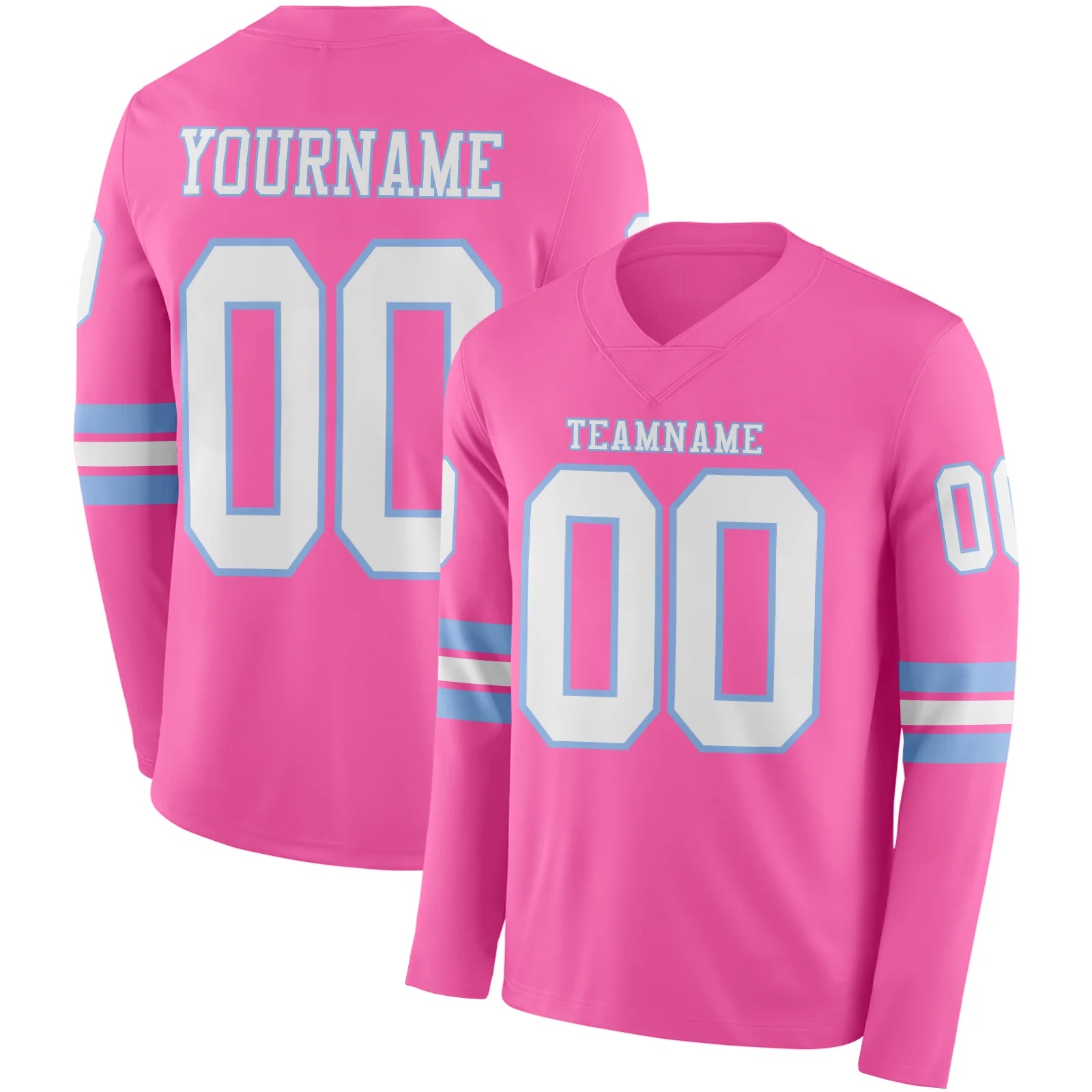 Custom Pink White-Light Blue Long Sleeve Authentic Football Jersey