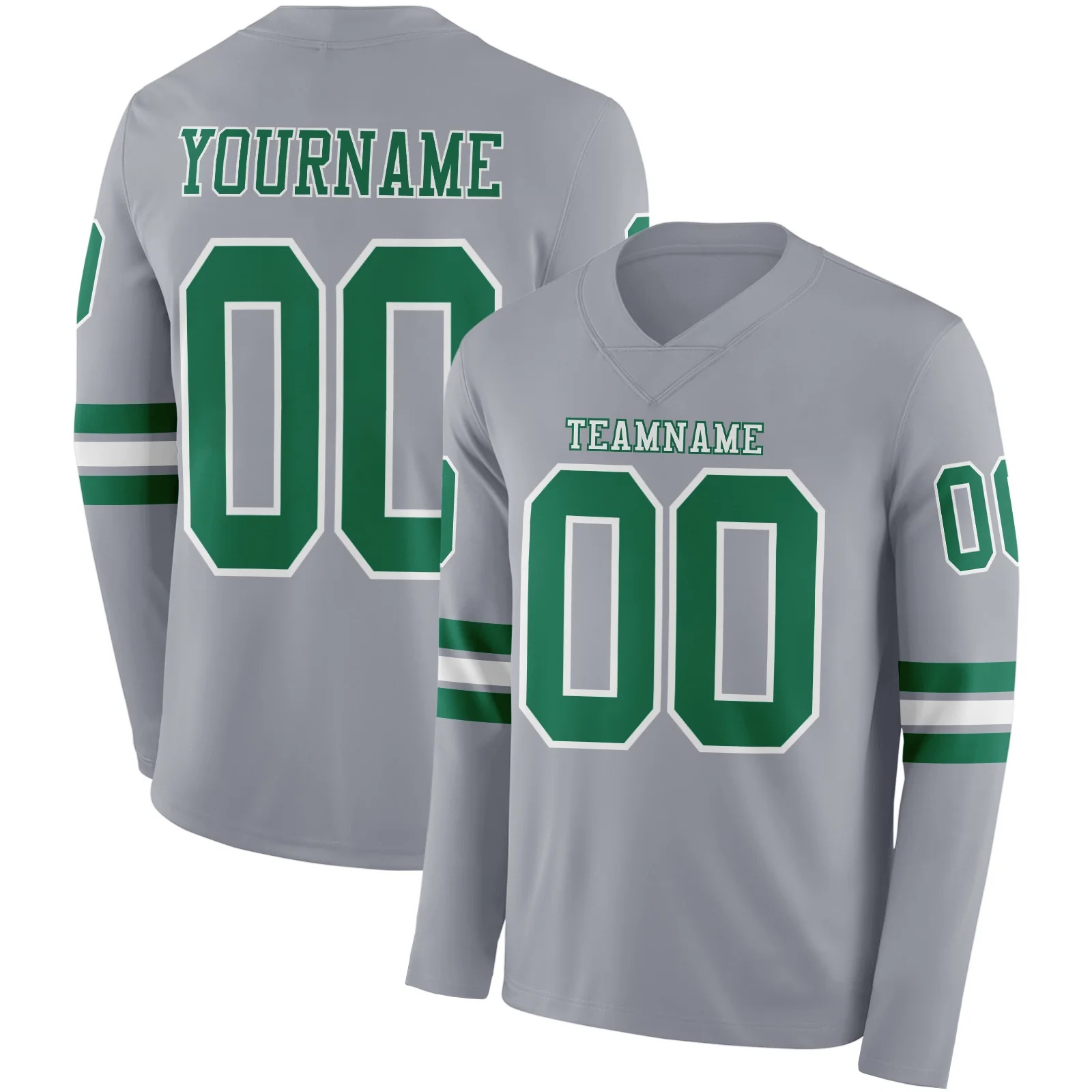 Custom Gray Kelly Green-White Long Sleeve Authentic Football Jersey