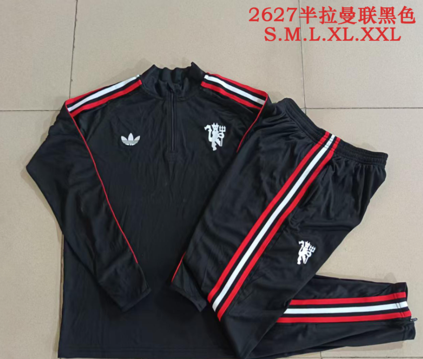 26/27 Half Pull Manchester United Black（Red and white woven ribbon）Tracksuit