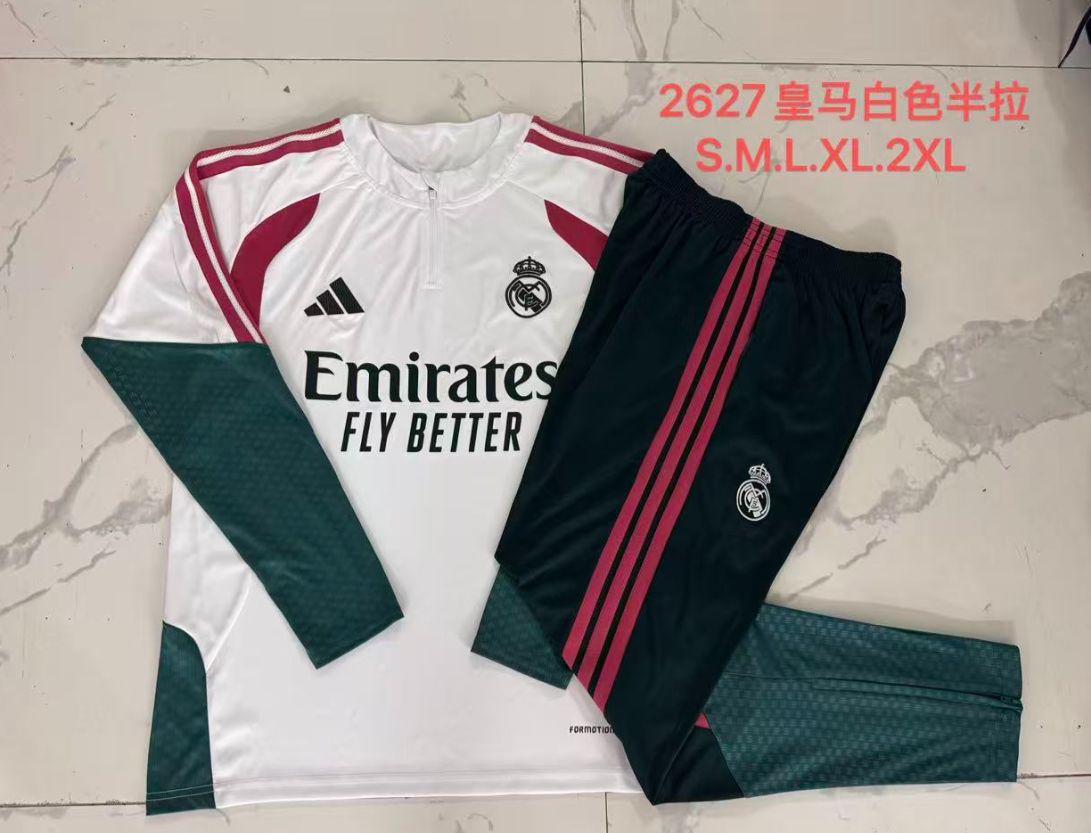 26/27 Half Pull  Real Madrid White（Magenta color scheme）Tracksuit