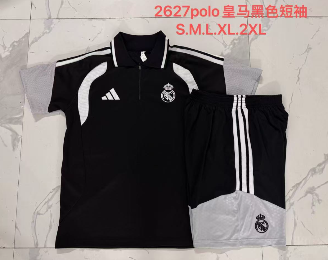 26/27 Adults POLO Real Madrid Black (with cropped pants) Training Kits
